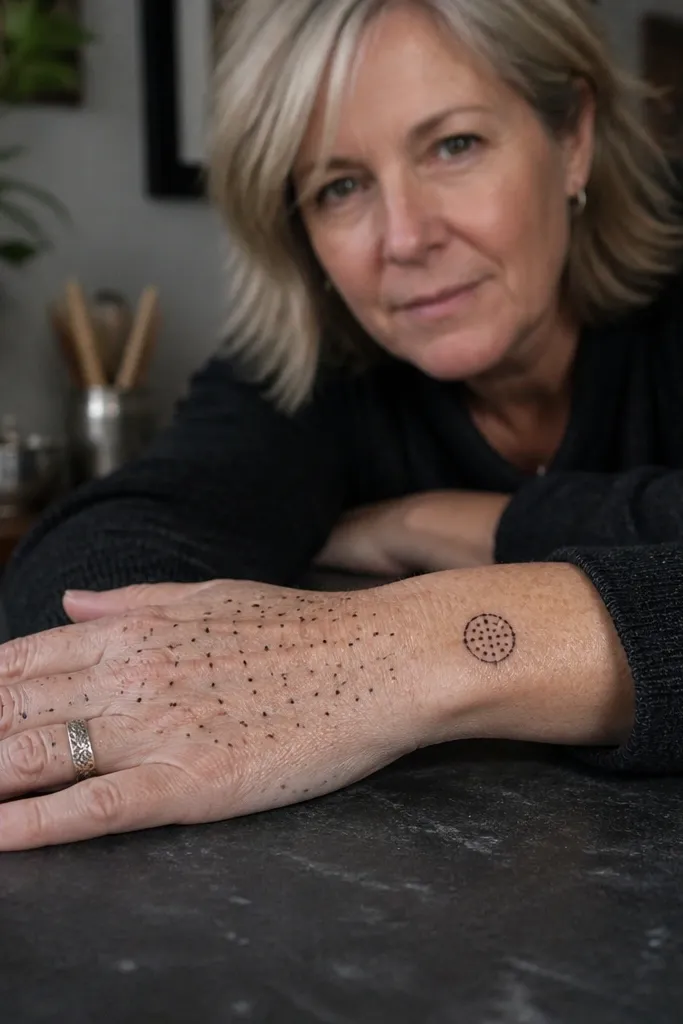 Hand with dot grid pattern and a small medallion near the wrist border