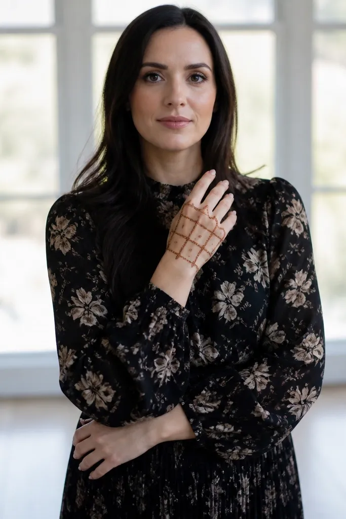 Back of hand has crossed line pattern with dot clusters in the corners