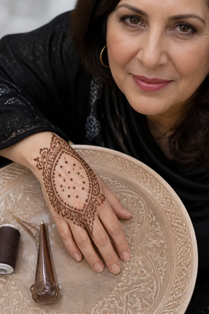 Back of hand has a feathery border pattern with dots in the middle