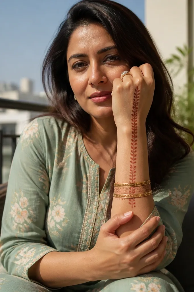 Wrist has stacked bands and a vertical vine climbing up the back of the hand