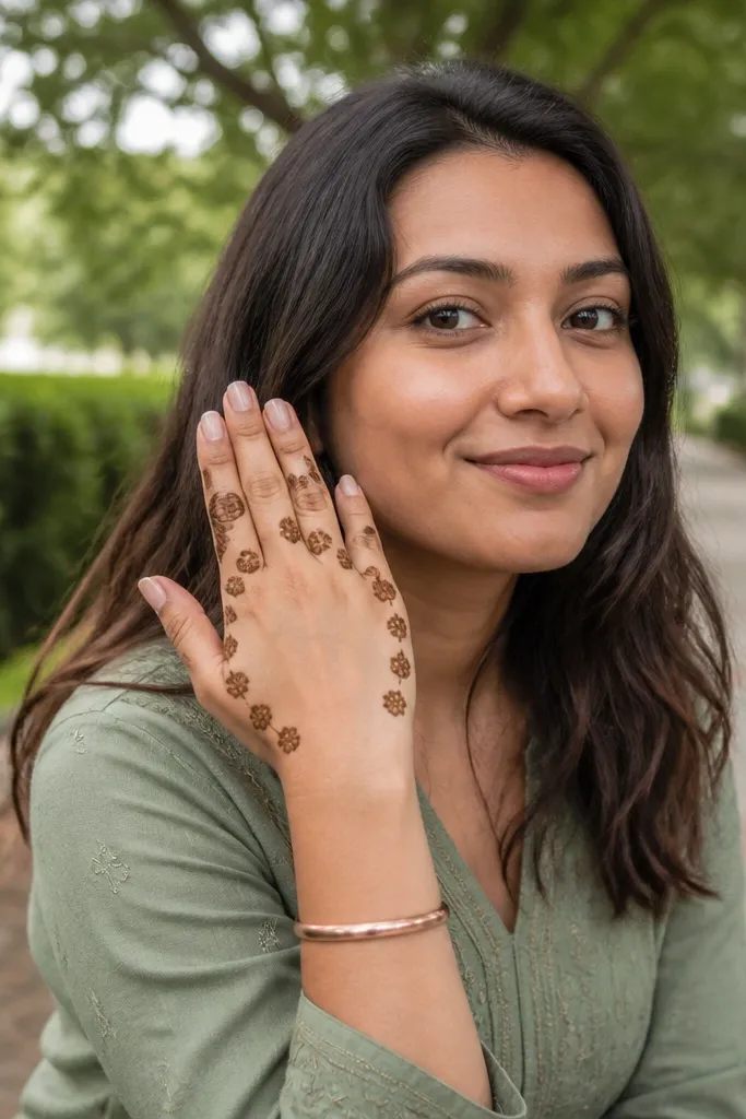 Outer edge of hand has small flower bud motifs spaced along a line