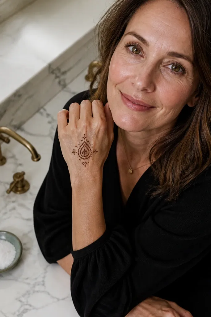Back of hand has a central drop-shaped medallion with small dot clusters on the sides