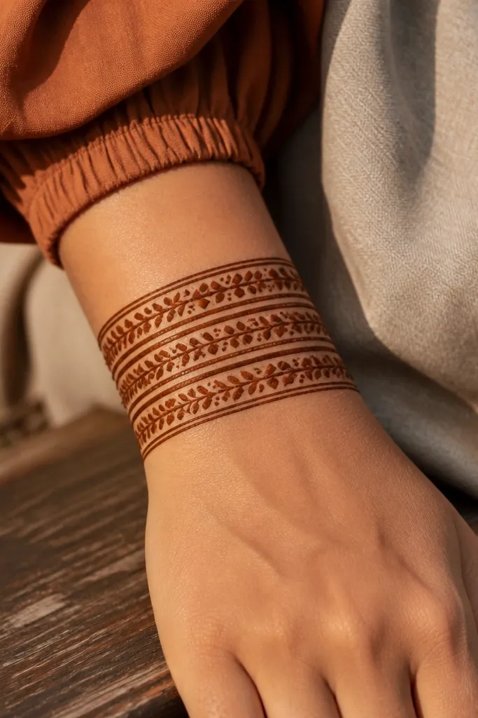 Three leaf bands around the wrist with small dot clusters on the fingers