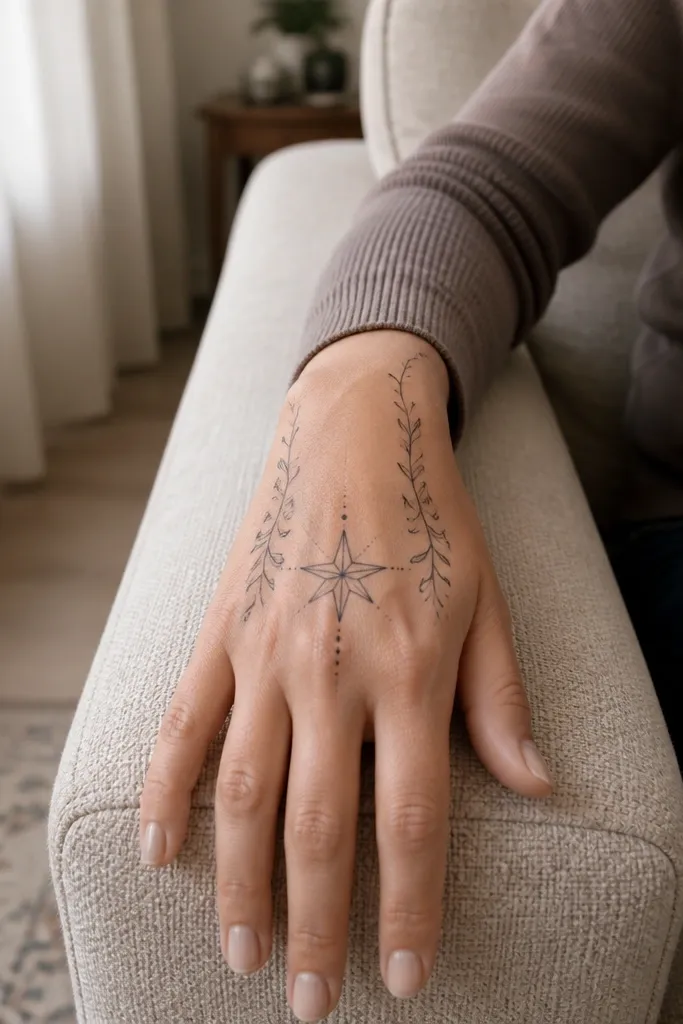 A small star in the center with thin vines running toward the fingers