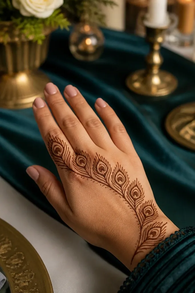 An arc of peacock feather leaves from wrist to finger tips