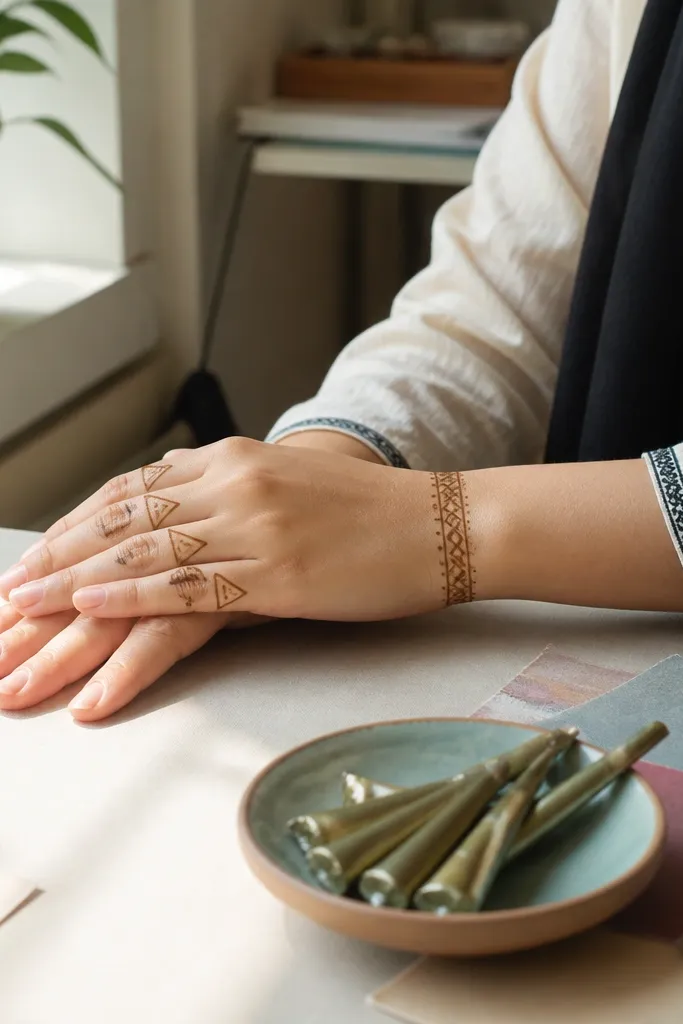 Triangles floating along finger sides with a thin wrist border