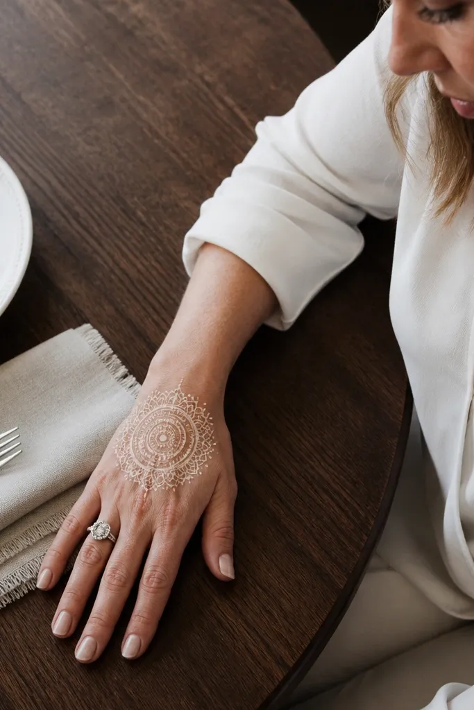 A half-palm circle mandala with small dots and ring outlines