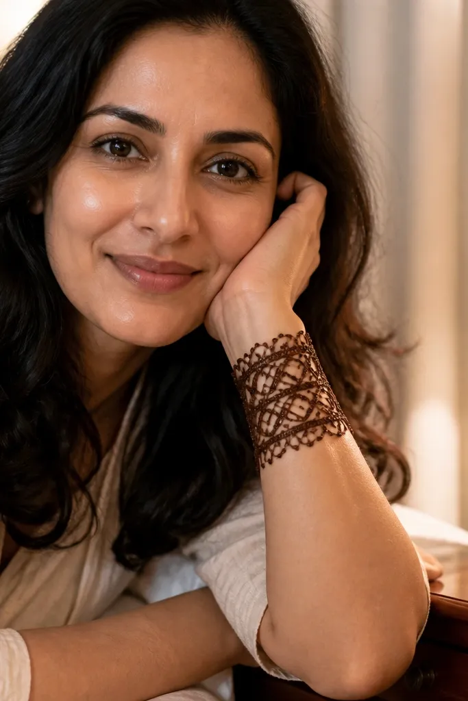 A lace-like wrist cuff with micro bar lines and small dots