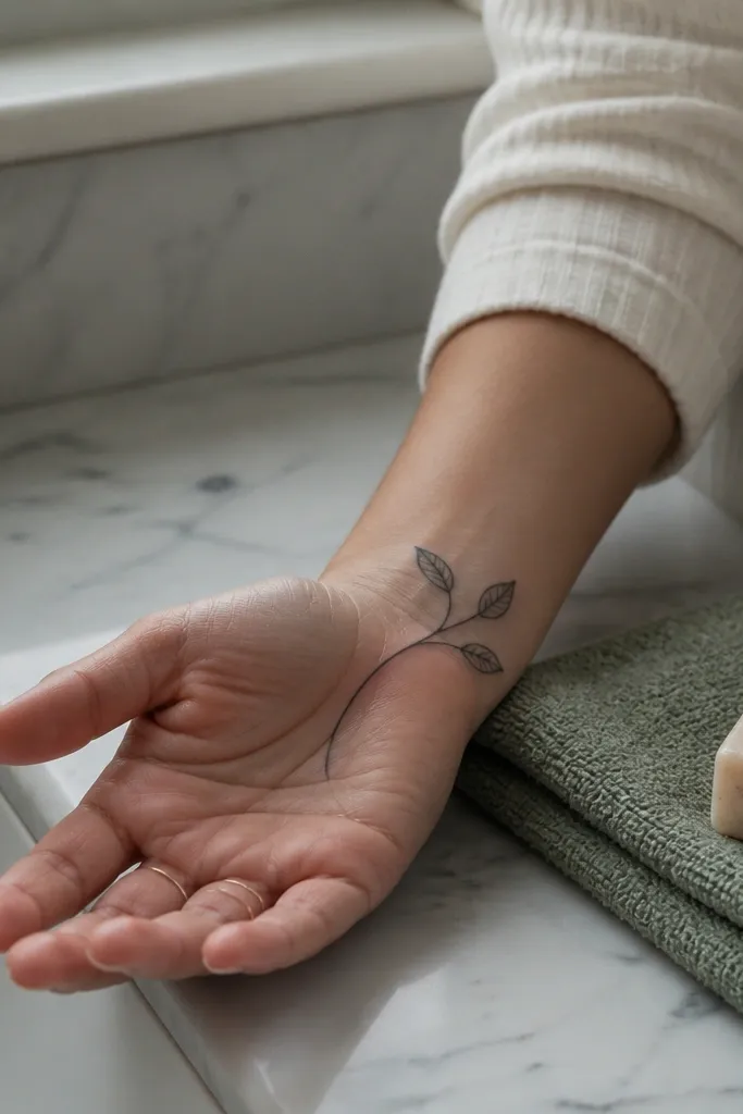 A single vine line across the palm ending in three leaf tips