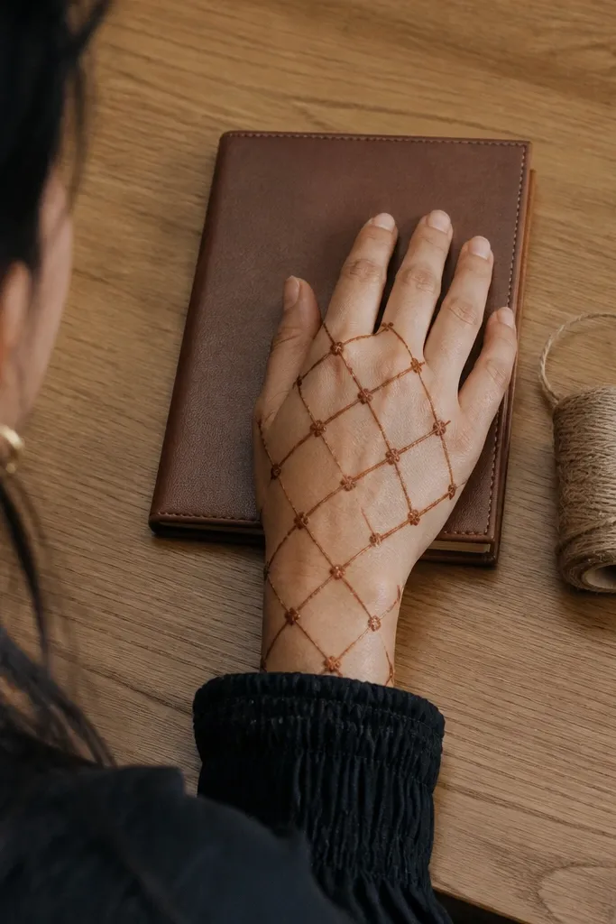 Diagonal ribbon lines with hollow squares on the back of the hand