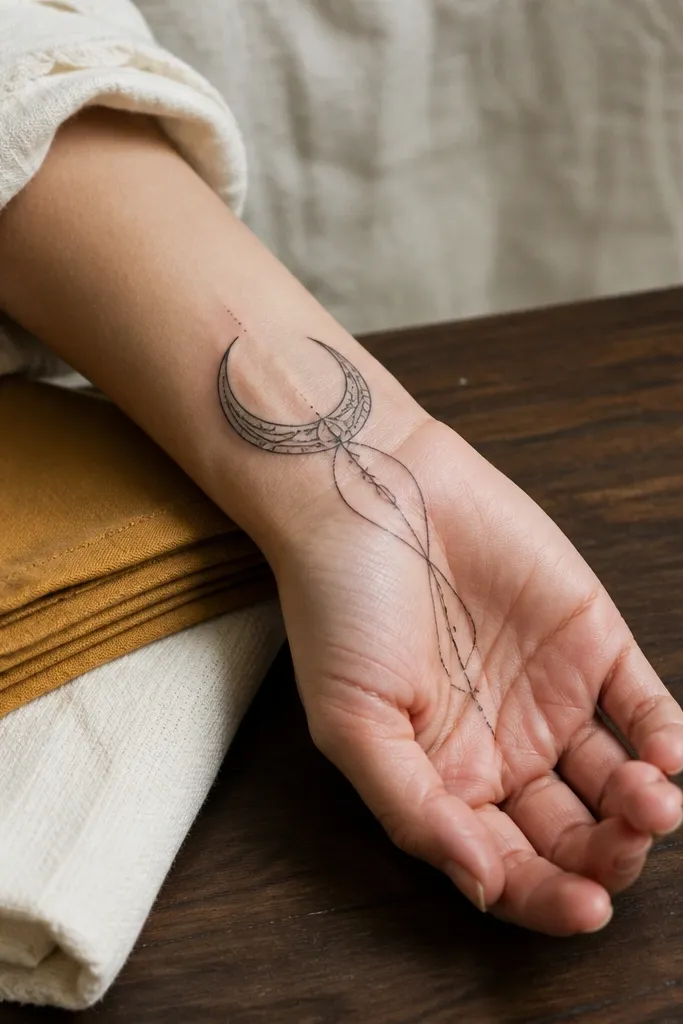 A half-moon wrist motif with interlocking lines leading to finger bases