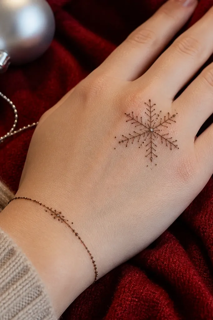 A simple snowflake in the corner with dotted branches and a thin wrist line
