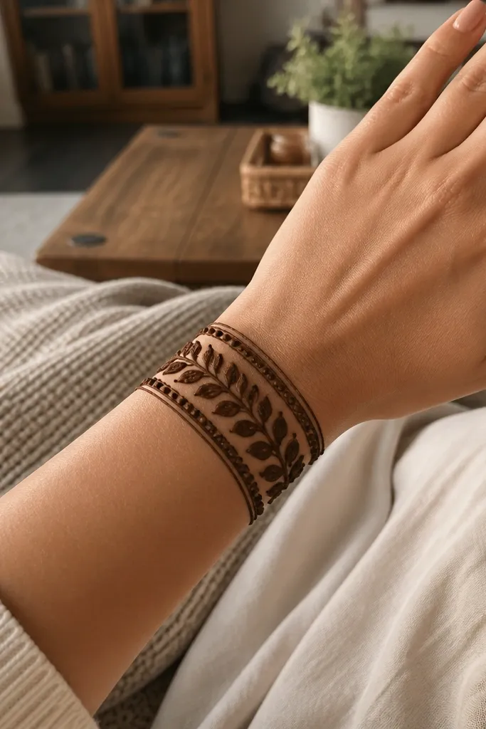 Stacked bangles across the wrist with leaf and dot patterns