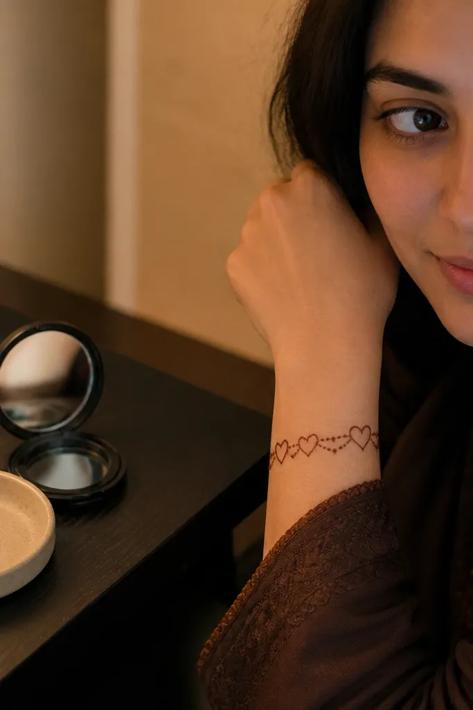 A bracelet cuff on the wrist with small side heart outlines