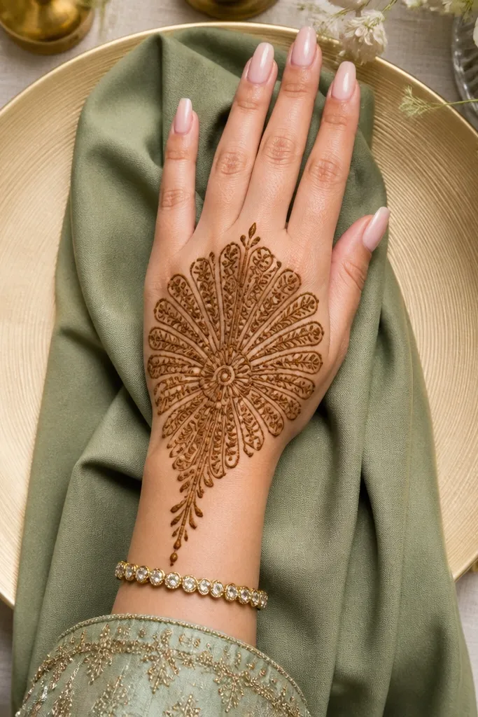 A center fan pattern with mini teardrop outlines toward the fingers