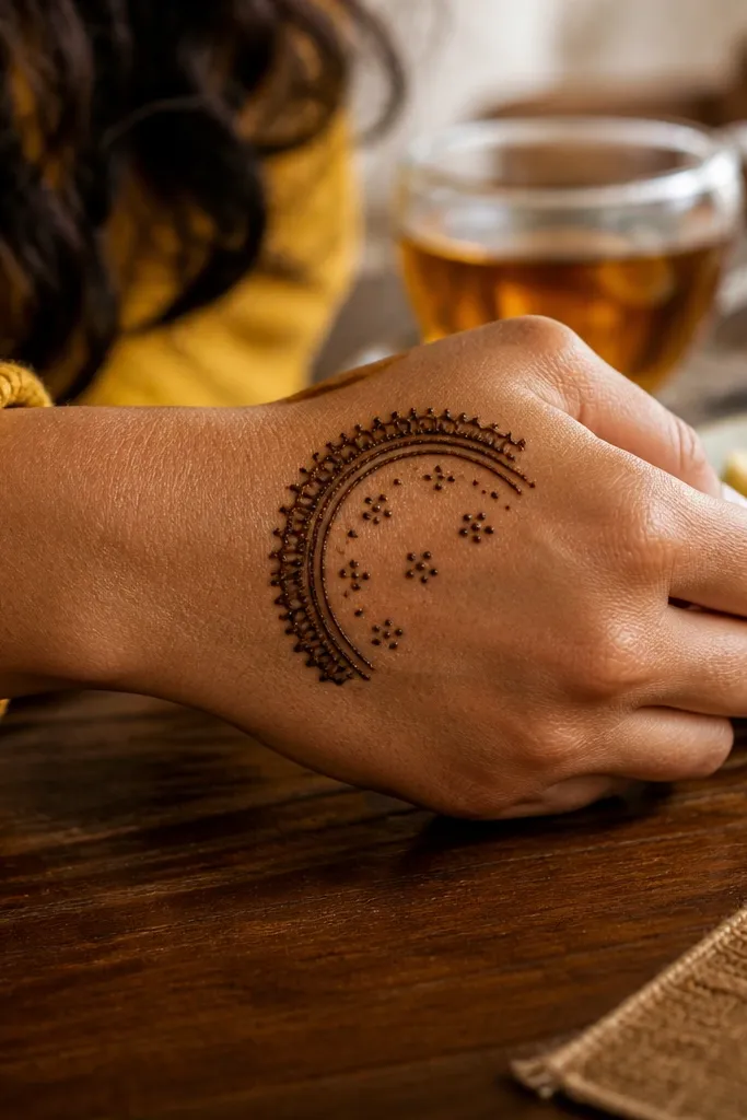 Half-circle mehndi bracelet across the back of the hand with small dots inside