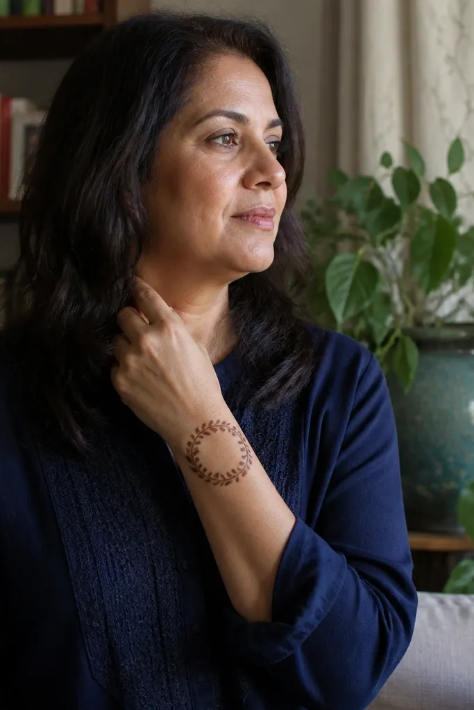 Mehndi round frame with a vine border and small leaf shapes inside