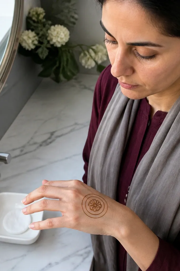 Mehndi double circle on wrist with a cluster of teardrops in the center