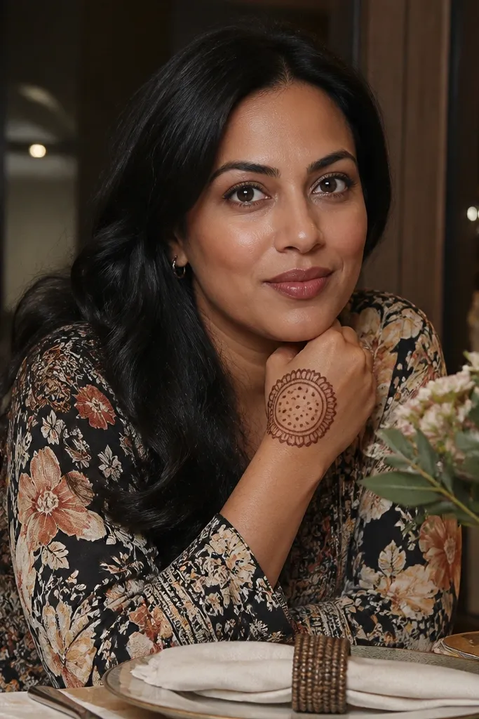 Mehndi round circle with a moustache-like outer border and dot fillings