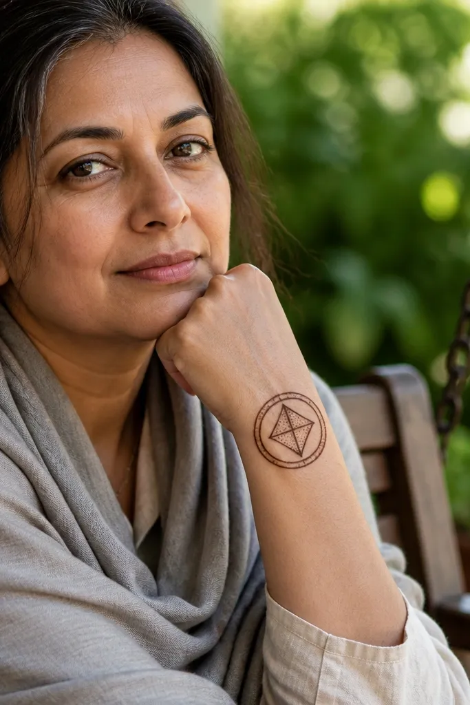 Mehndi round circle with a geometric kite shape in the center