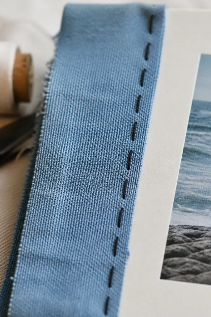 A fabric strip on a scrapbook page with a and stitched-looking lines