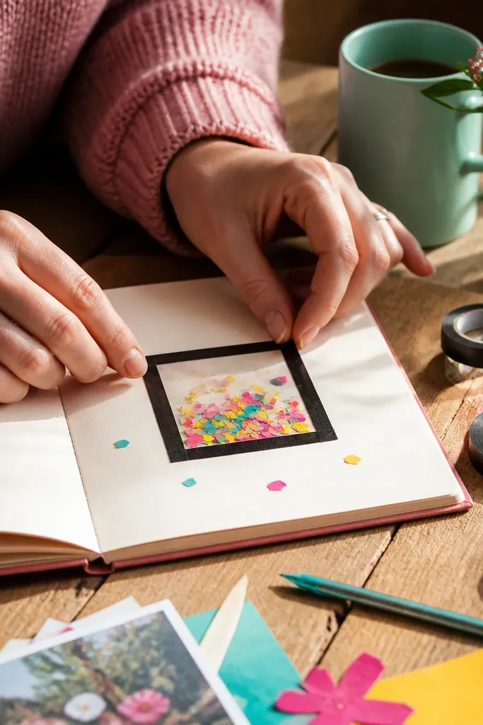 A small shaker window on a scrapbook page with paper confetti