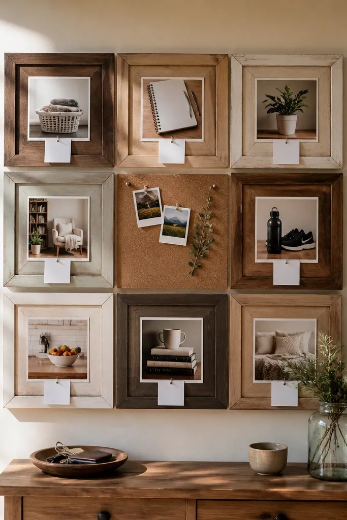 Two thrifted frames with grid tiles showing photos, fabric, and handwritten tags