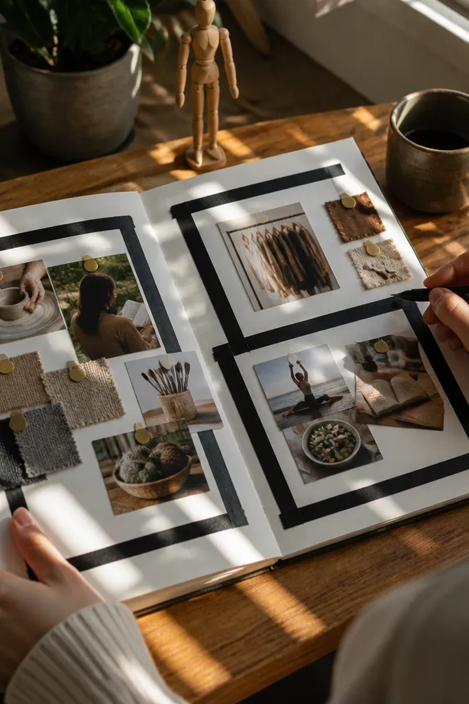 A board covered with book pages and colorful tape rectangles around cutout photos