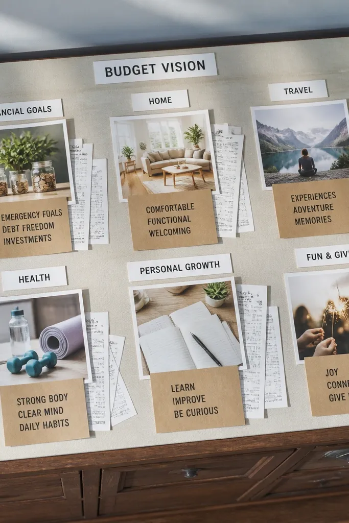 A board with budget categories made from labels and a few neatly trimmed receipts