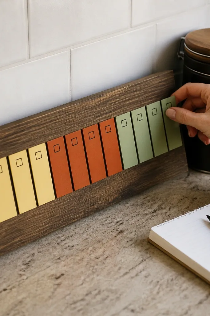 A vertical strip of paint chips with taped checkboxes and a handwritten habit list