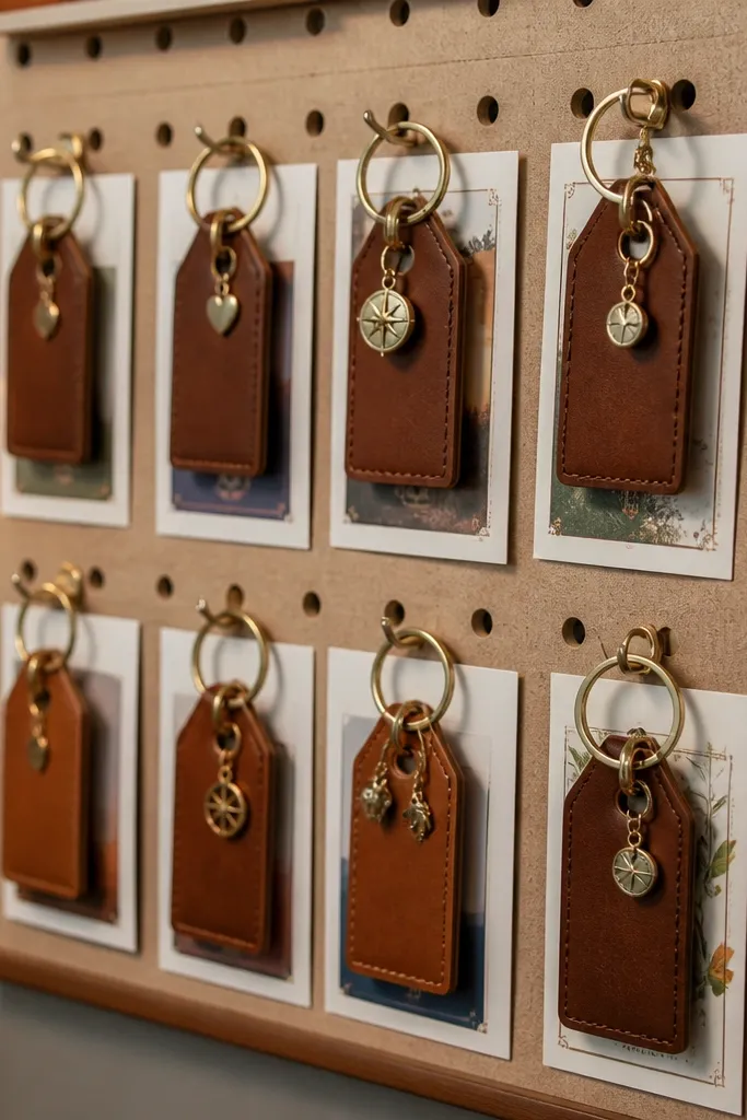 Small leather keychain tags pinned to a board beside goal photos