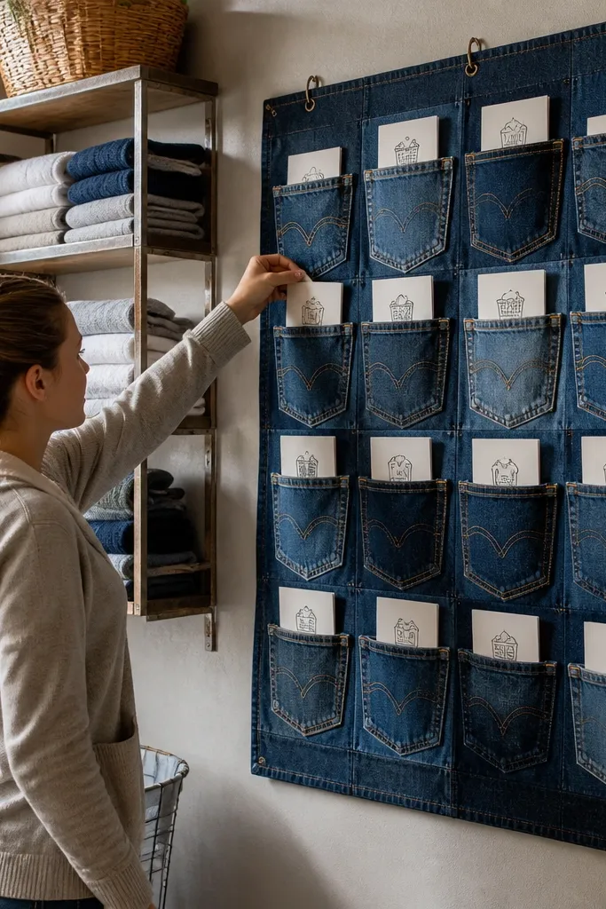 A denim pocket mounted on a board holding folded cards with handwritten dates