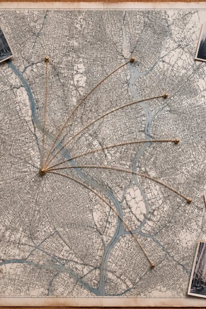 A board with old map paper and red thread lines connecting pinned cutouts