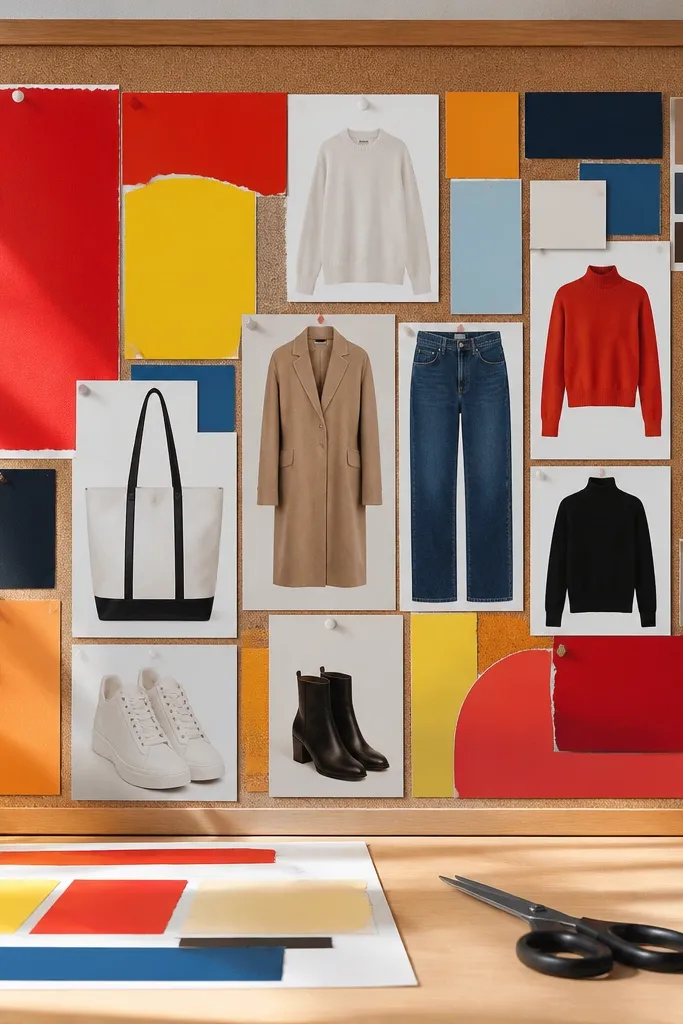 A collage board using cereal box graphics with fabric swatches and handwritten outfit notes