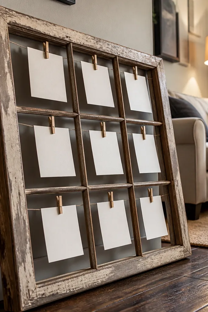 A repurposed window frame holding photos and action cards with clothespins