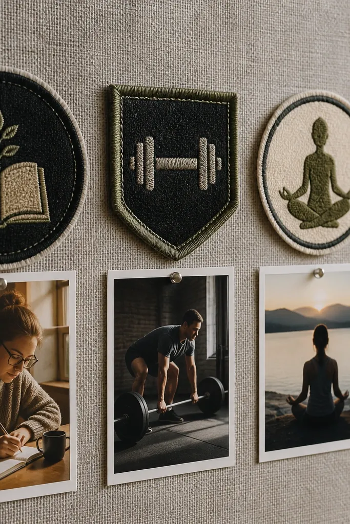An organizer board with small sew-on patches arranged near printed skill photos