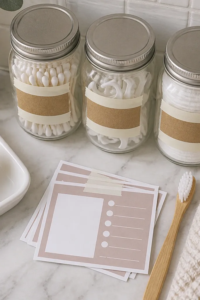 Small jars labeled with handwritten routines arranged in a neat row on a board