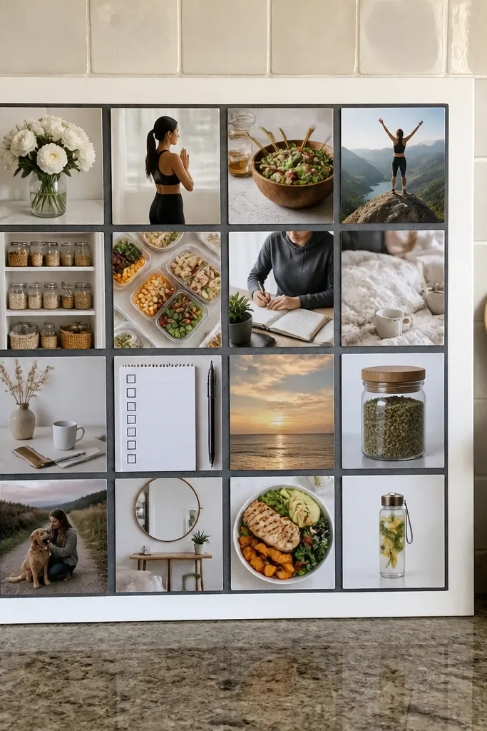 A board with faux tile squares separated by gray lines and small photos on each square