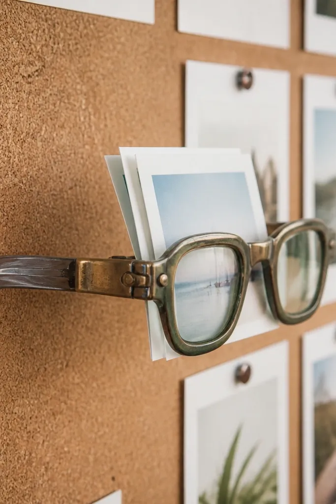 A board with sunglasses frame holding small goal cards like a clip display