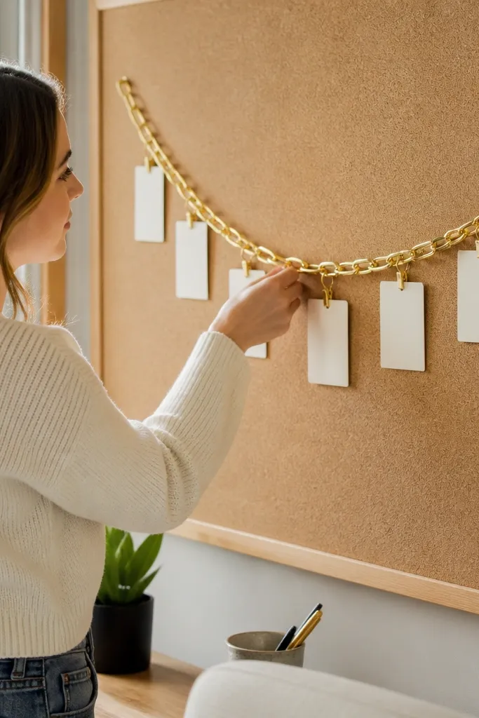A board with a long chain line and small pinned cards at intervals