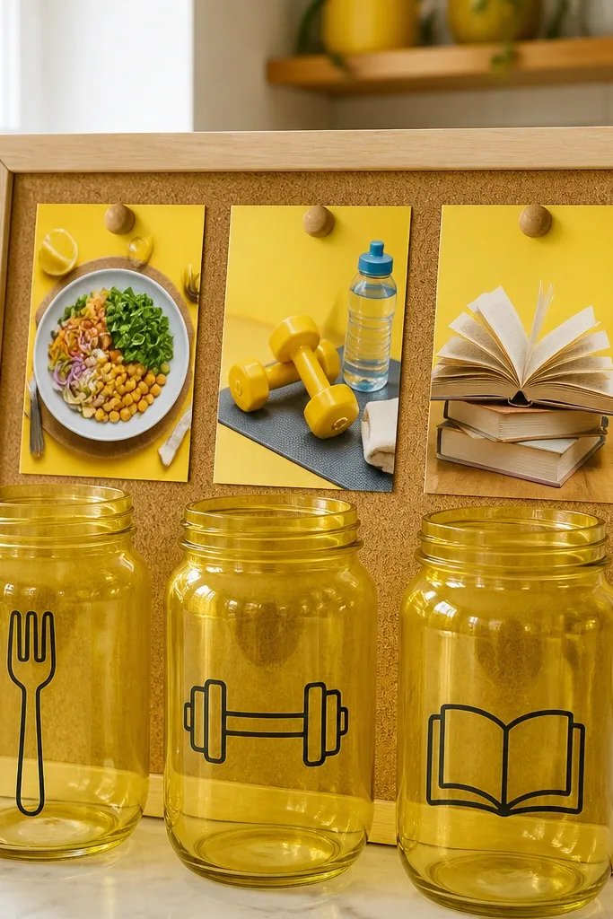 Small glass jars with painted icons and goal cards pinned behind them
