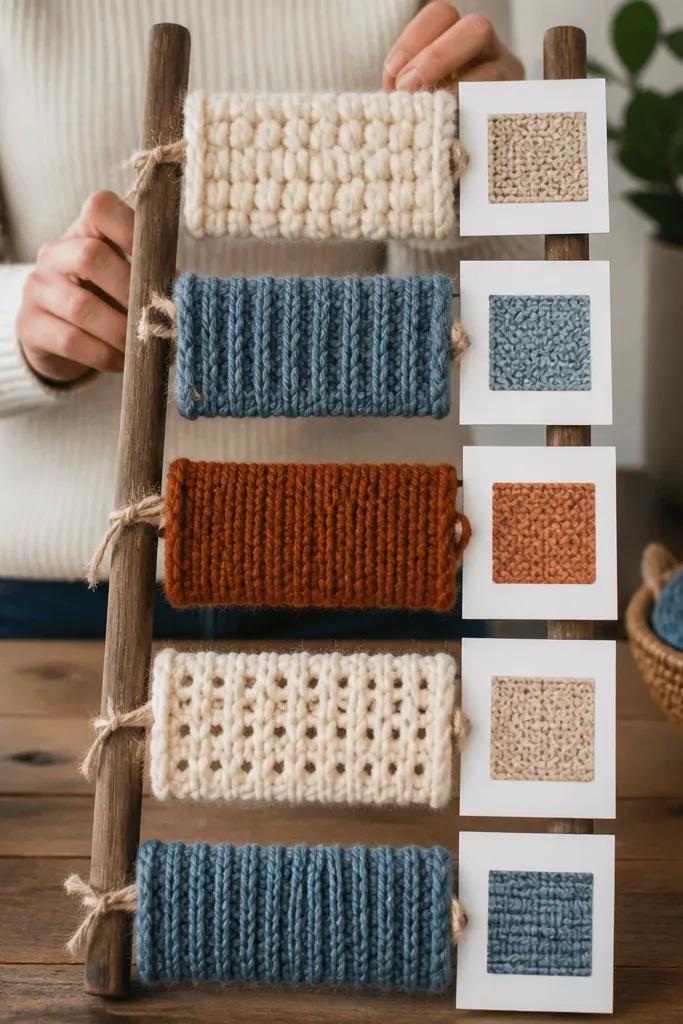 A vertical ladder made of yarn swatches with small pinned cards at each rung
