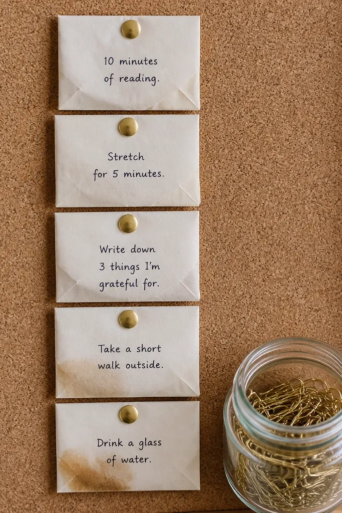 Tiny paper envelopes made from tea packaging pinned in rows with handwritten micro-goals