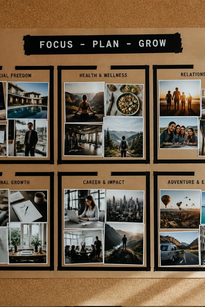 Kraft paper vision board with a black tape strip title and layered magazine cutouts