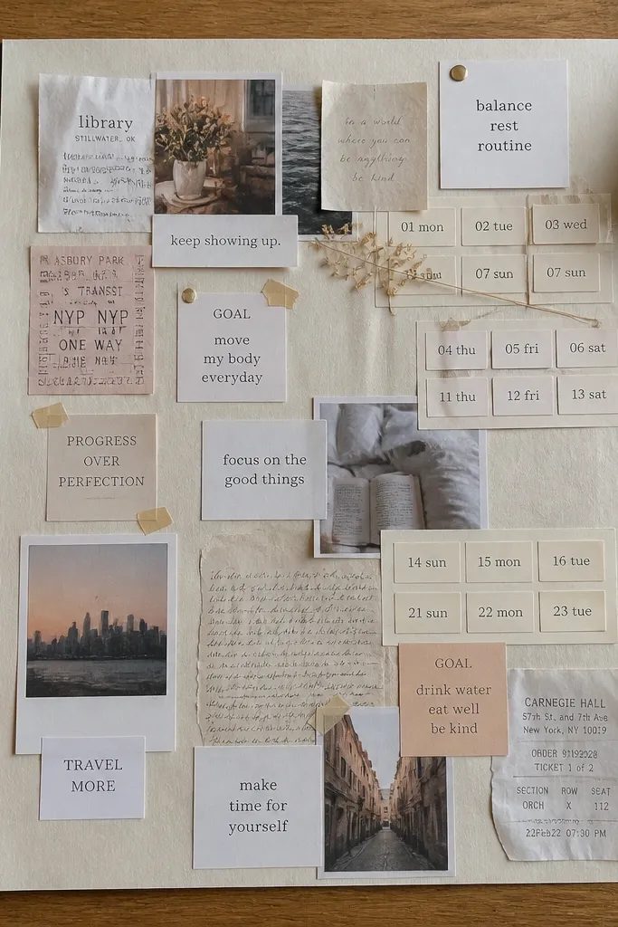 Vision board with small ticket stubs, receipts, and tiny goal text blocks