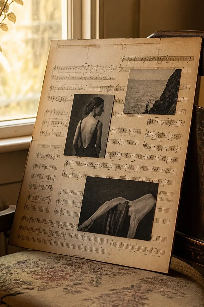 Vision board with sheet music background and dark cutouts layered on top