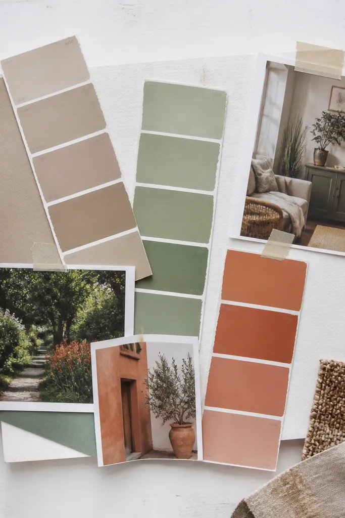 Vision board with paint swatches and photos layered with thin tape borders