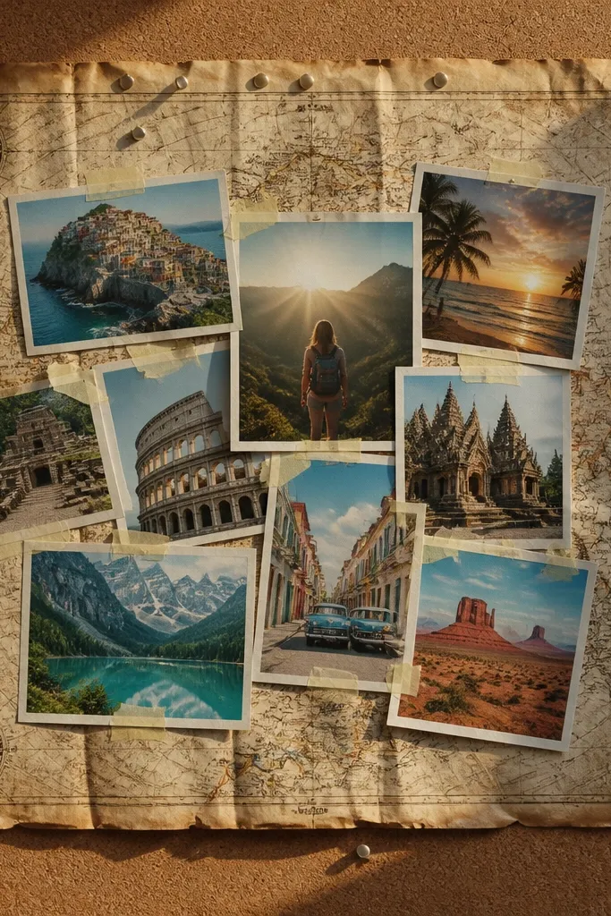 Vision board using old map paper with compass rose motifs in the corners