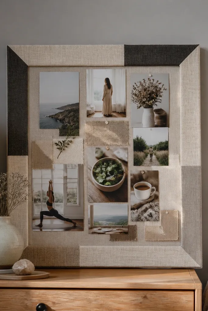Vision board with linen fabric scraps forming a frame mat around a central collage