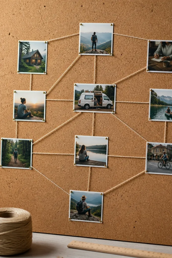 Vision board with string lines connecting pins on a cork or fabric backing